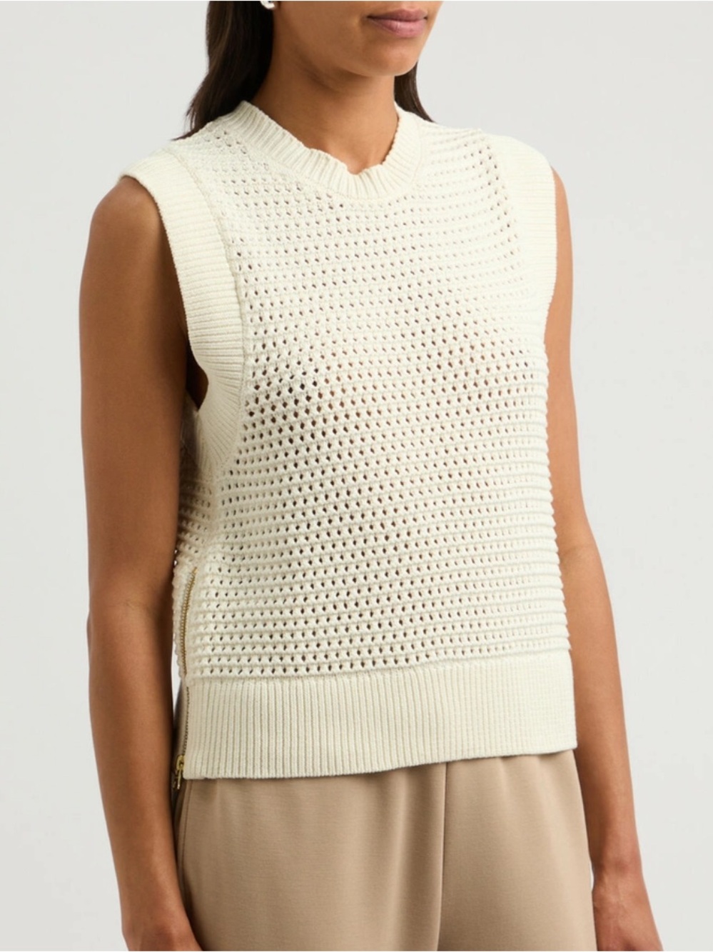 Varley Open-Knit V-Neck Sleeveless Vest in Cream